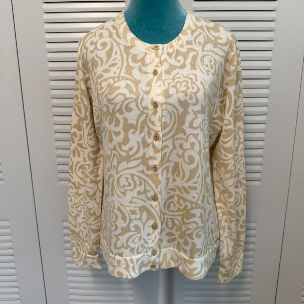 NWT Tommy Hilfiger Cream & Tan Paisley Floral Cotton Cardigan Sweater, Size L - Picture 11 of 11
